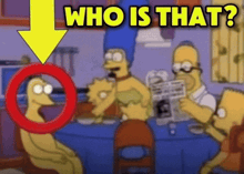 a cartoon scene with a yellow arrow pointing to a red circle and the words " who is that " above it