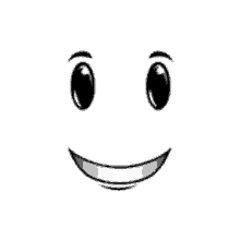 a black and white drawing of a smiling face with black eyes and a white smile .