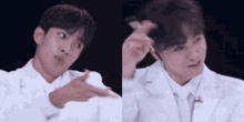 two images of a man in a white suit making a funny face