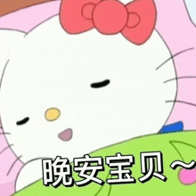 a cartoon of hello kitty laying in bed with her eyes closed and a bow on her head .