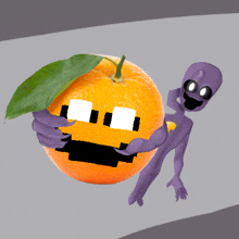 a cartoon character holding an orange with a leaf on it