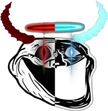 a troll face with red and blue horns and a red and blue bullet coming out of it .