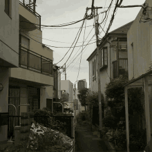 a narrow alleyway between two buildings with lots of telephone wires