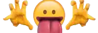 a smiley face with its tongue sticking out and two hands reaching out towards it