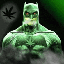 a green batman with a marijuana leaf on his chest