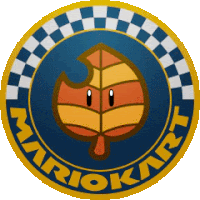 a mario kart logo with a leaf and checkered background