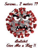 a cartoon drawing of a virus with the words serious 2 meters bullshit give me a hug