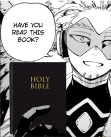 a black and white drawing of a man next to a holy bible that says have you read this book