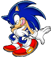 a cartoon of sonic the hedgehog wearing red and white shoes and gloves on a white background