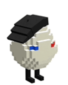 a pixel art of a chicken wearing a black hat .