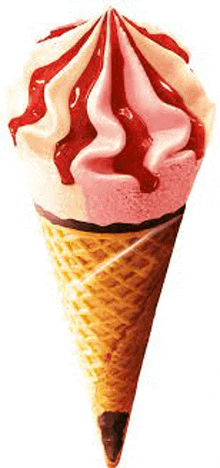 a strawberry and white ice cream cone with strawberry sauce on top .