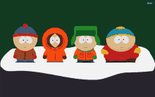 four south park characters are standing in the snow