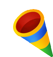 a colorful party horn with a red circle in the middle on a white background