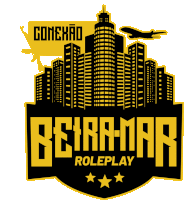 a logo for beira mar roleplay with a city skyline in the background