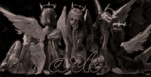 a black and white painting of angels with the word ark written in neon