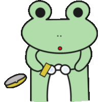 a green frog is holding a pair of glasses next to a coin