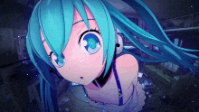 a girl with blue hair and blue eyes is looking up at the camera