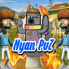 a cartoon drawing of a cactus with a rainbow scarf around its neck and the words nyan puz on the bottom