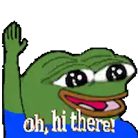 a cartoon frog is waving his hand and saying oh , hi there .