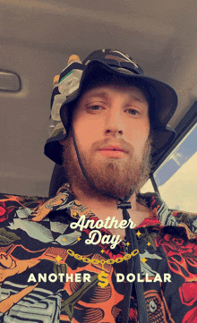 a man wearing a hat and a shirt that says another day on it