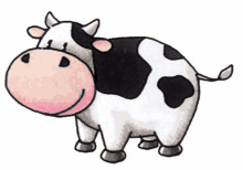 a cartoon drawing of a cow with a pink nose and black spots