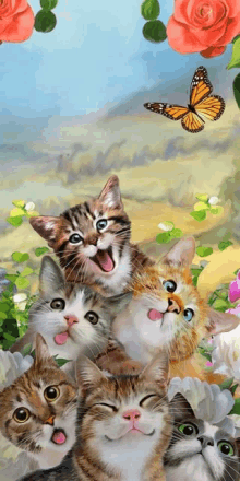 a painting of a group of kittens with a butterfly and roses in the background