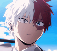 a close up of a anime character with red and white hair