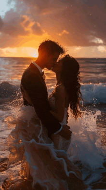 a bride and groom are kissing in the ocean at sunset .