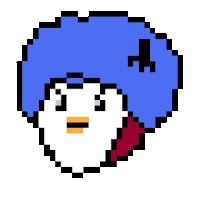 a pixel art drawing of a penguin with a blue afro and a red collar .