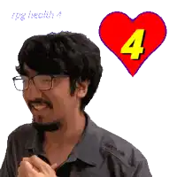 a man with glasses and a red heart with the number four on it