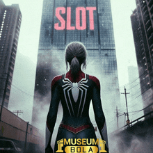 a woman in a superhero costume stands in front of a building with the word slot on it