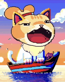 a pixel art of a cat in a boat with its mouth open