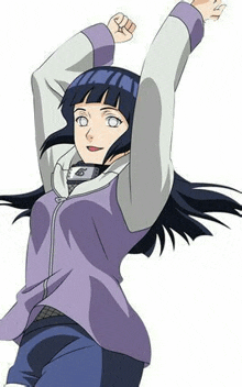 hinata from naruto is dancing with her arms in the air and wearing a headband .