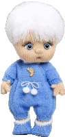 a knitted baby doll wearing a blue sweater and socks