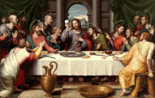 a painting of the last supper shows jesus giving communion to the apostles