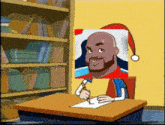 a cartoon of a man wearing a santa hat is sitting at a desk