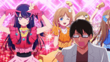 a group of anime girls are posing for a picture with a man wearing glasses