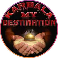 a logo for karbala my destination with two hands holding a dome in the sand