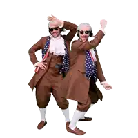 two men dressed as benjamin franklin are dancing