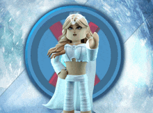 a girl in a white dress stands in front of a blue circle