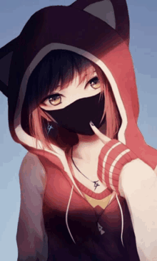 a girl wearing a black mask and a red hoodie with ears