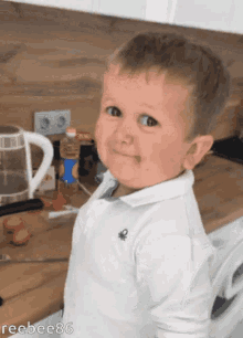 a little boy wearing a white shirt with a green embroidered logo on the sleeve is standing in a kitchen