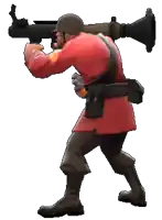 a man in a red uniform is holding a rocket launcher