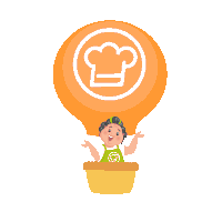 a cartoon illustration of a person in a hot air balloon with a chef 's hat icon