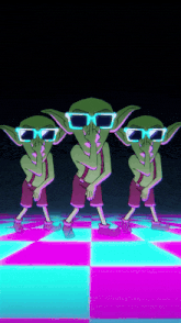 three goblins wearing sunglasses are dancing on a purple and blue floor