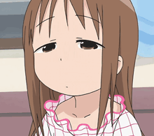 a close up of a cartoon girl with brown hair and a pink collar
