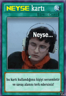 a card with a picture of a man wearing headphones and the word neyse on it