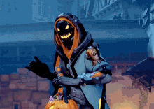 a video game character is wearing a hooded jacket and holding a pumpkin