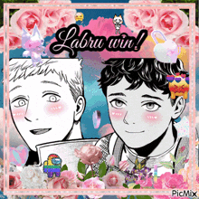 a picture of two boys with flowers and the words labru win on top