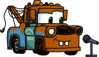 a cartoon drawing of a tow mater from radiator springs talking into a microphone